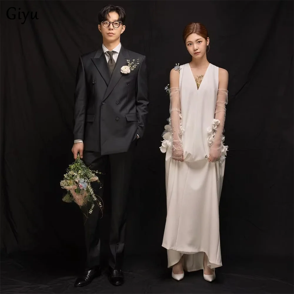 Giyu Elegant V-Neck Satin Korea Wedding Dress Sleeveless A-line Wedding Snap Dress Customized Floor-Length Pretty Bride Dress ﻿