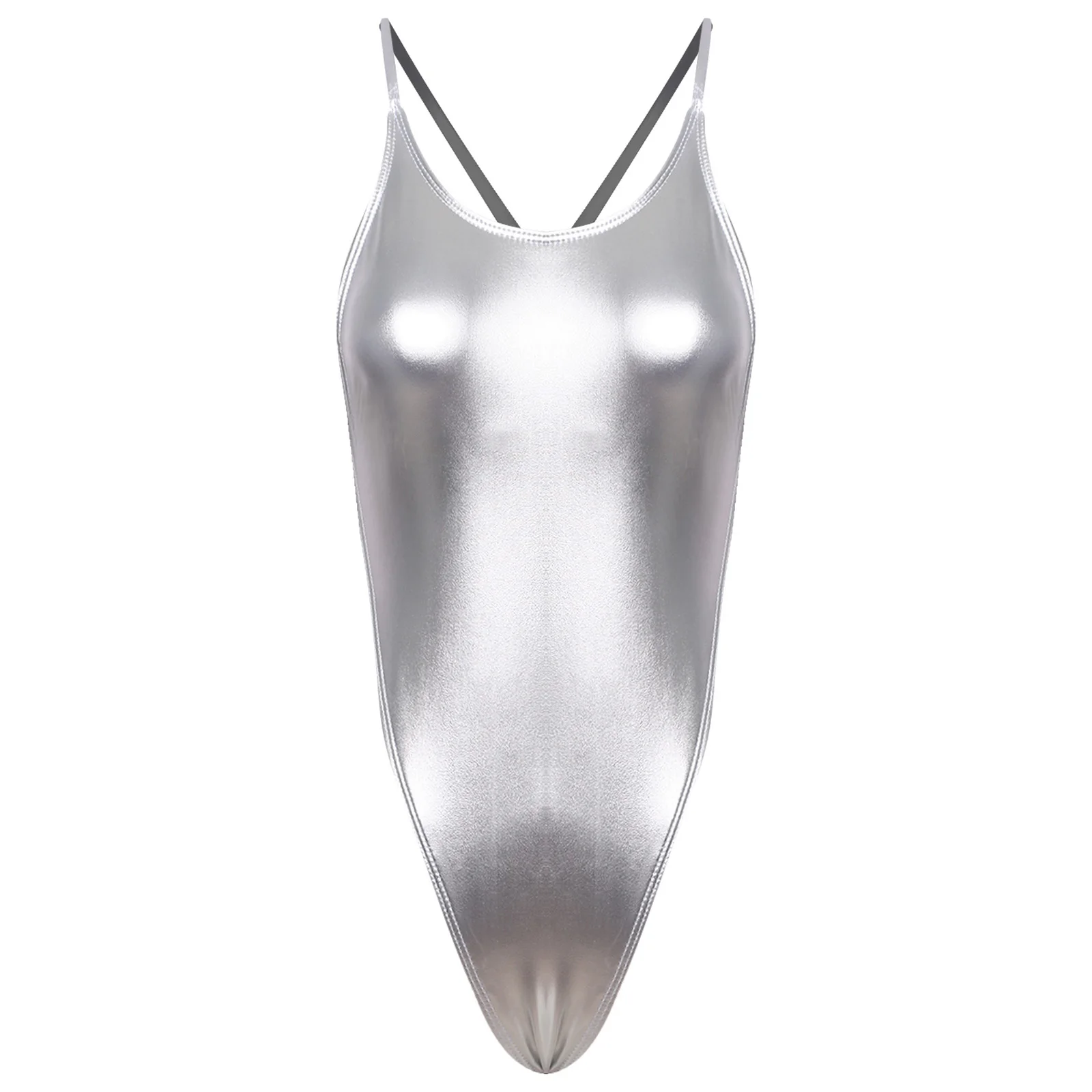 

One Piece Metallic Swimsuit for Women Backless Crossing Straps High Cut Shiny Bodysuit with Chest Pads Elegant Party Leotard