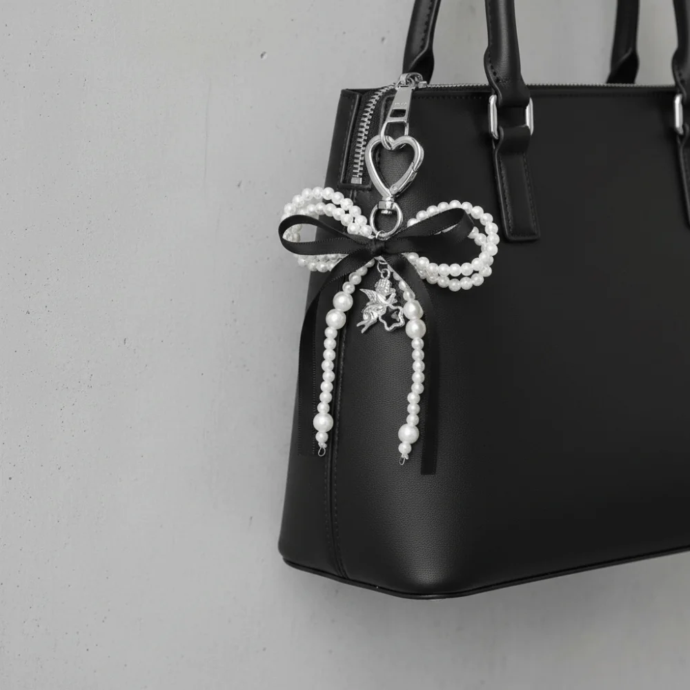 Sweet Y2k Pearl Bow Keychain Gift Ribbon Bow Ribbon Bow Keychain Angel Star Backpack Hanging Decoration Key Ring