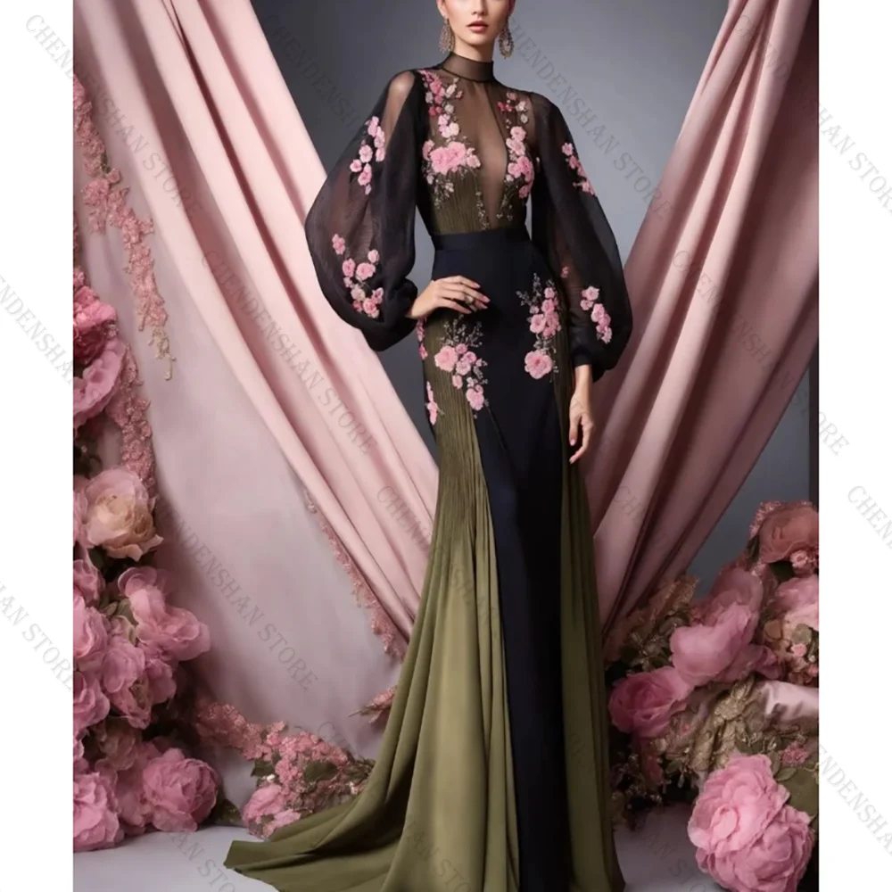 

Elegant High Neck Long Sleeves A Line Evening Dress With Appliques Robes De Soirée Customized Dresses