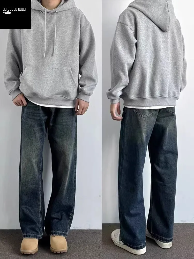 

Deep Blue Men's Denim Jeans High Waist Straight Leg Workwear High Street Vintage American Wide Leg Pants Summer Fashion
