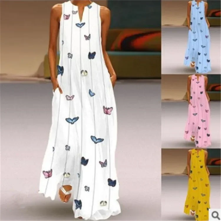 

2025 New Explosive Women'S Vintage Print Dress V-Neck Long Sleeve Pocket Insert Summer Dress S-5Xl Дамское платье.