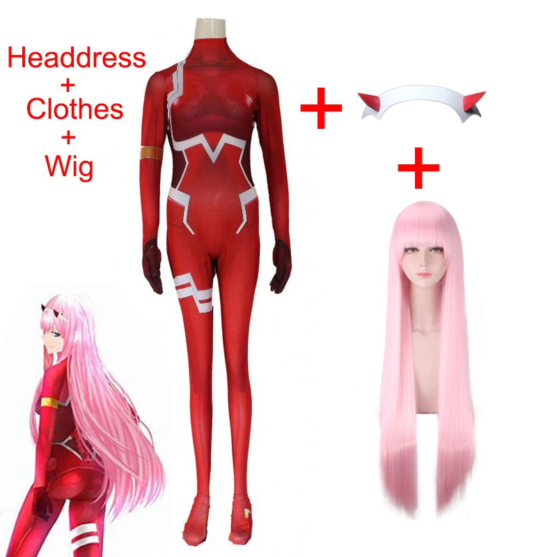 DARLING in the FRANXX Code 002 Cosplay Costume Girl Jumpsuits Halloween Anime Cosplay Devil Horn Headdress Long Pink Wig