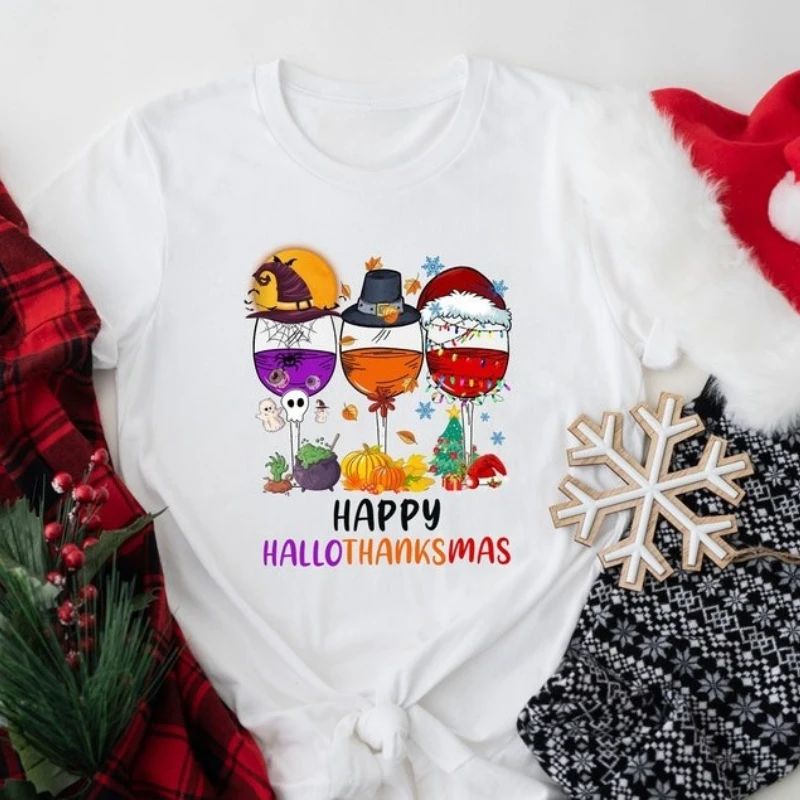 Happy HalloThanksMas Wine Fashion Shirt Cute Drinking Funny Festival Leisure Tee Unisex Classics Halloween Crewneck T-shirt