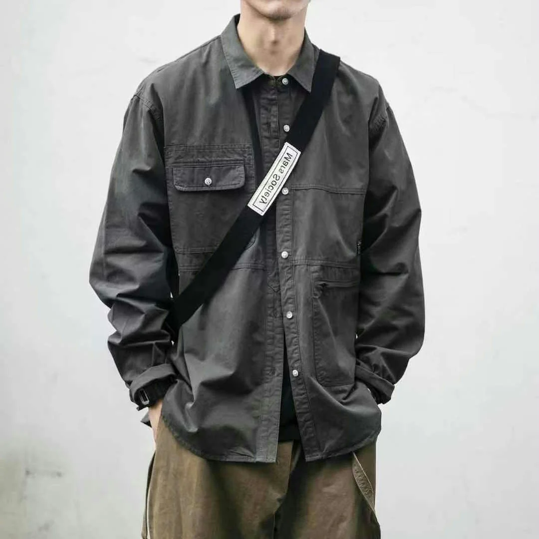 Loose Men's Workwear Jacket Vintage Japanese Style Casual Thin Long Sleeve Shirt Wear Resistant Outerwear Cotton Pure Color