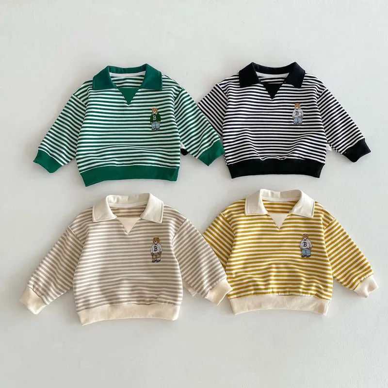 

Spring Autumn Children Cool Lapel Striped Sweatshirt Kid Girl Cartoon Embroidery Long Sleeve T-shirt Boy Baby Casual Cotton Tops