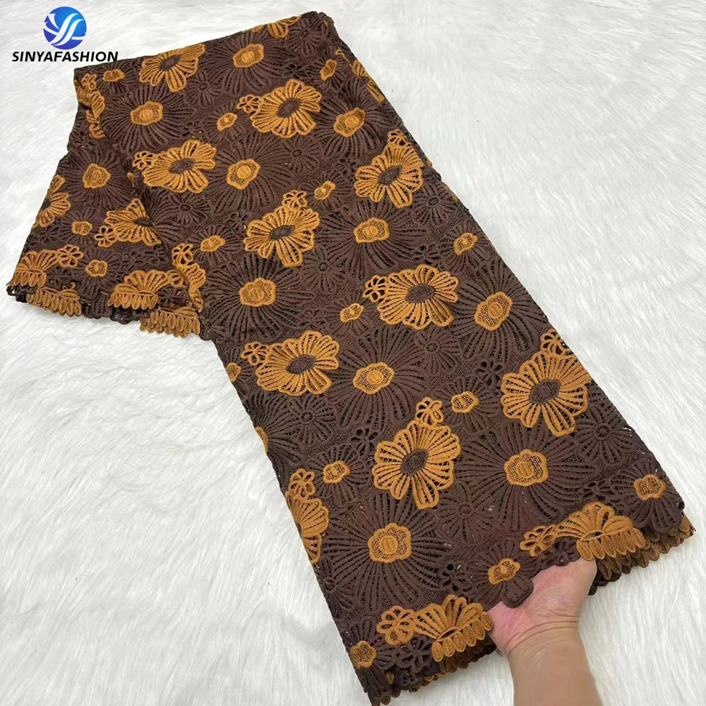 Sinya Chocolate Color African Lace Fabric 2024 High Quality 5 Yards Cord Guipure Lace Fabric Embroidery For Wedding Party Dress