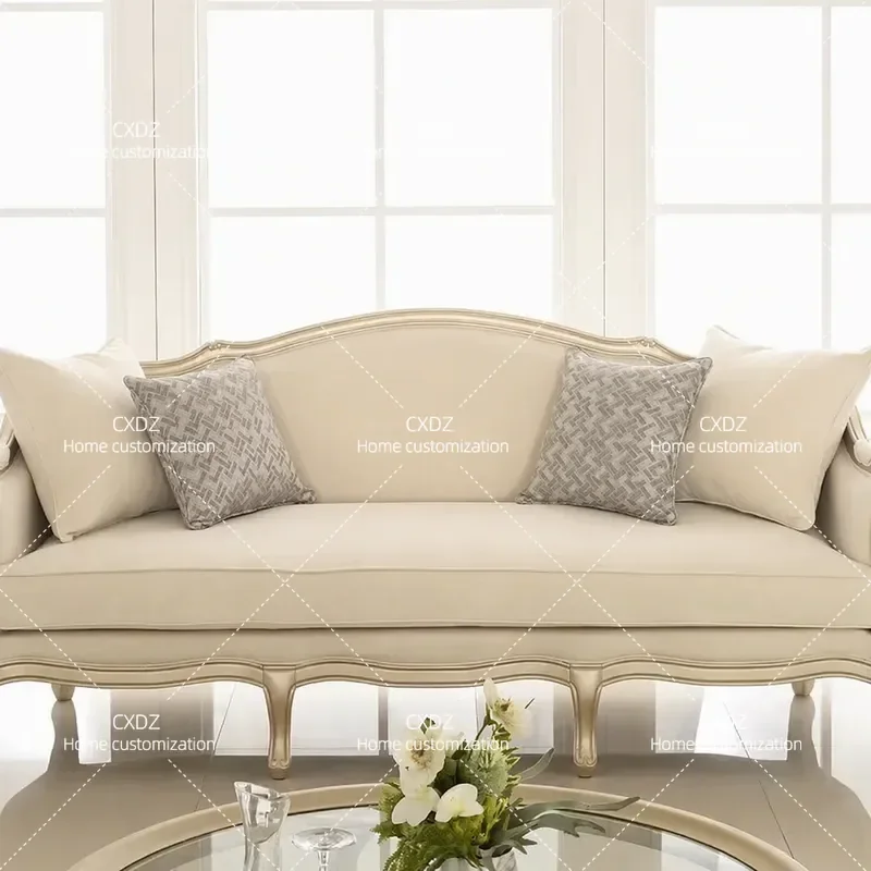 New American Carved Solid Wood Sofa Light Luxury Champagne Gold Fabric 3 Seater Couch for Living Room Small Apartment Studio