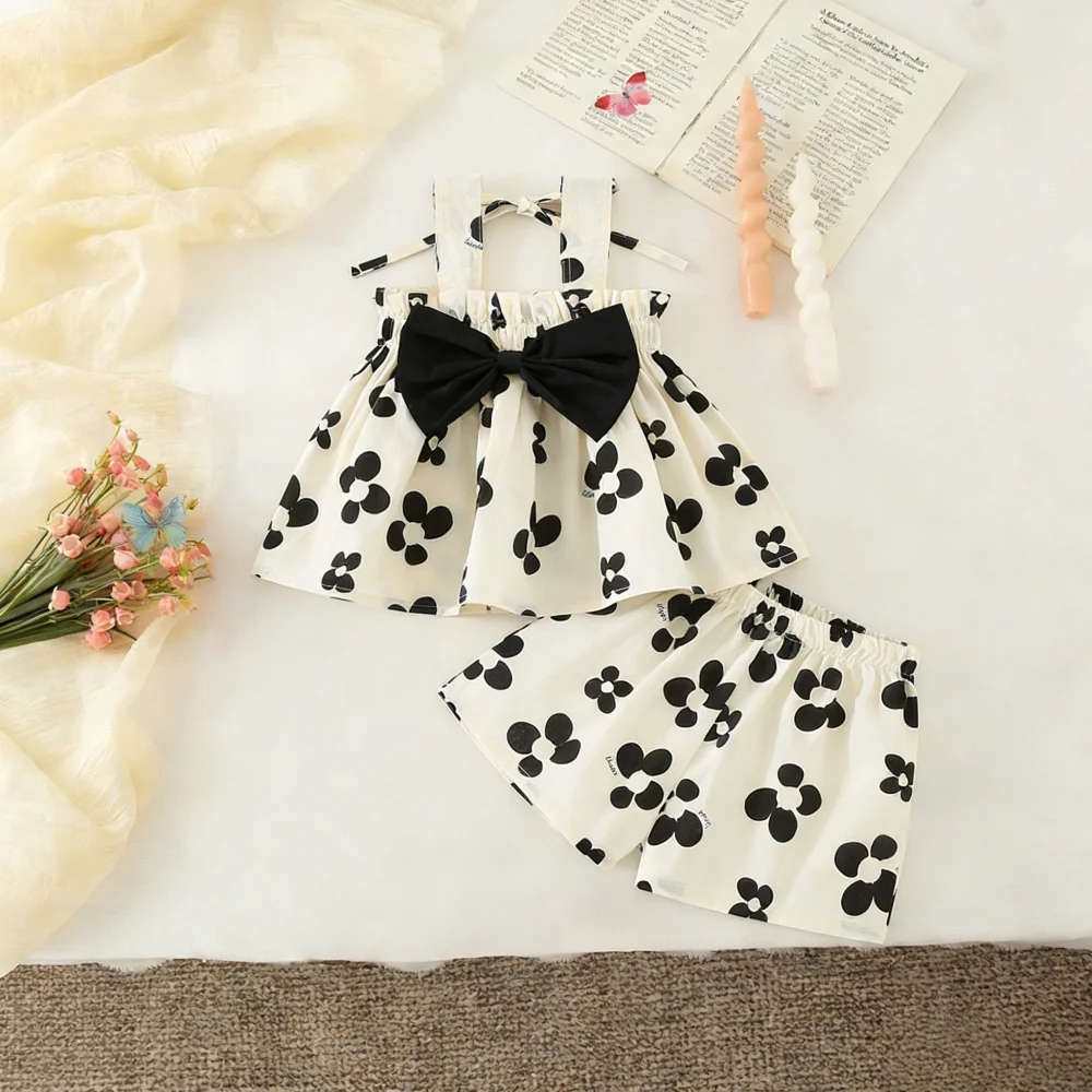 

Комплект из 2 шт./компл., летний комплект с цветочным принтом и бантом, топ и шорты, одежда для маленьких девочек, милый пляжный комплект для малышей