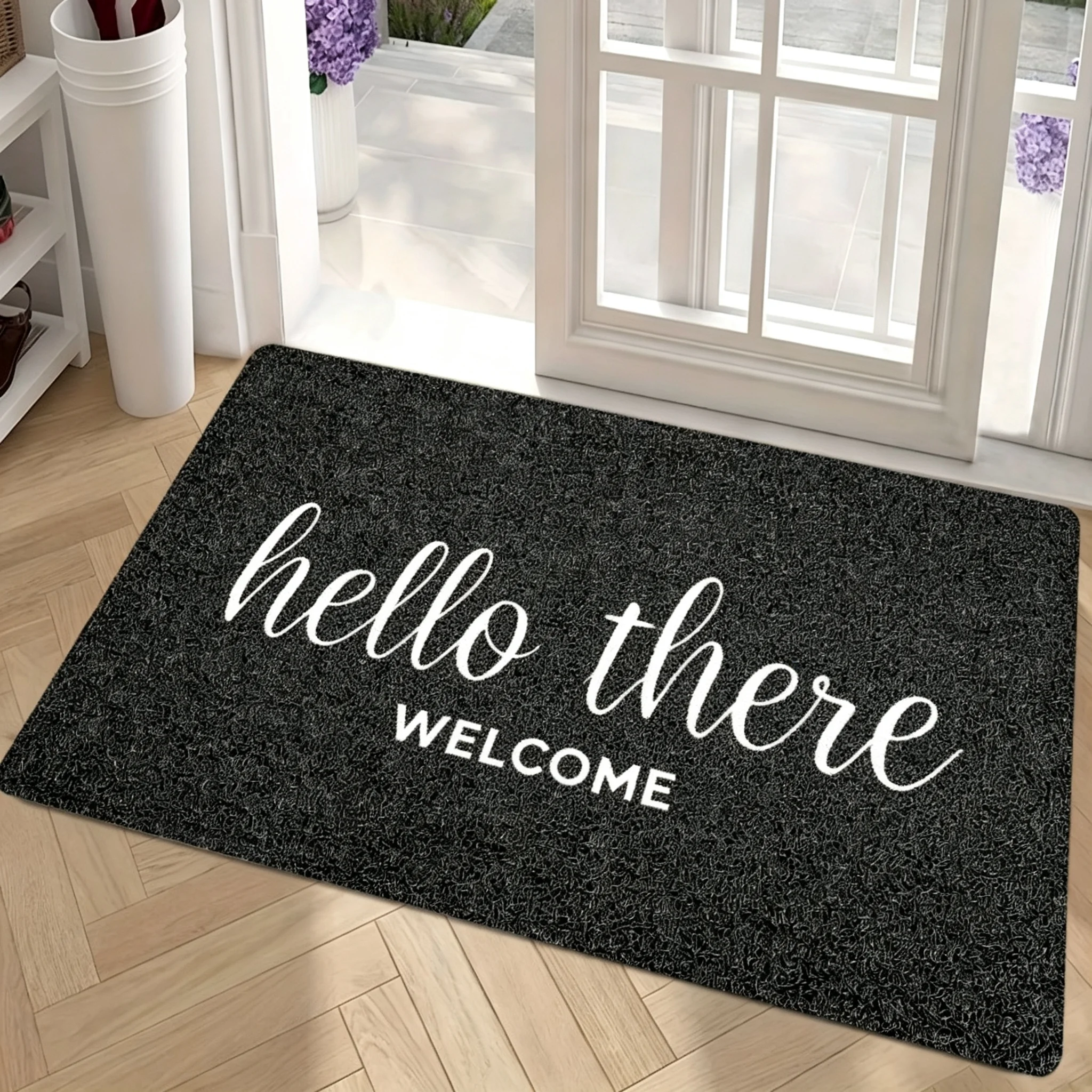 Welcome Pad for Taking Off Shoes - Black Sparkling Texture Door Mat, White Cursive Script, Indoor/Outdoor Entrance Decoration, Flannel Floor Mat Suitable for Home or Business, Pet Friendly | Cute Insole | Machine Washable Pad