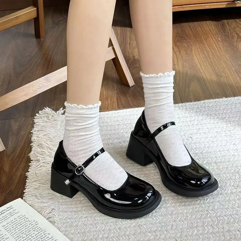 Japanese Style JK High Heel Thick Bottom Women's British Style Lolita Retro Black Mary Jane Versatile Buckle Small Leather Shoes