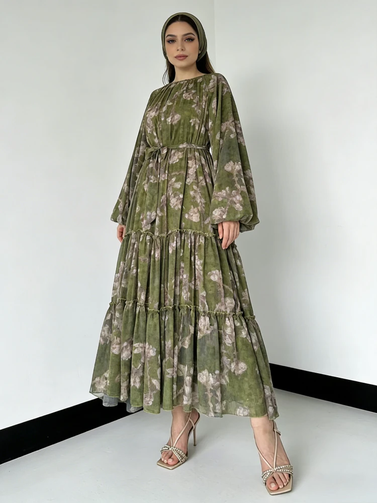 Eid Stampa floreale Abito a trapezio Chiffon Donna Abaya Abiti Largo Dubai Caftano Arabo Abito lungo Ramadan Marocco Abiti Jalabiya