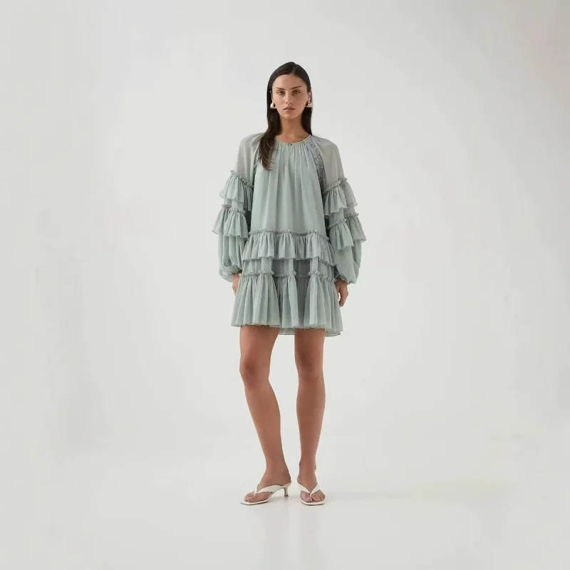 

Green Dress 2025 Summer Australian Round Neck Ruffle Sleeve Beach Vacation Style Loose Dress