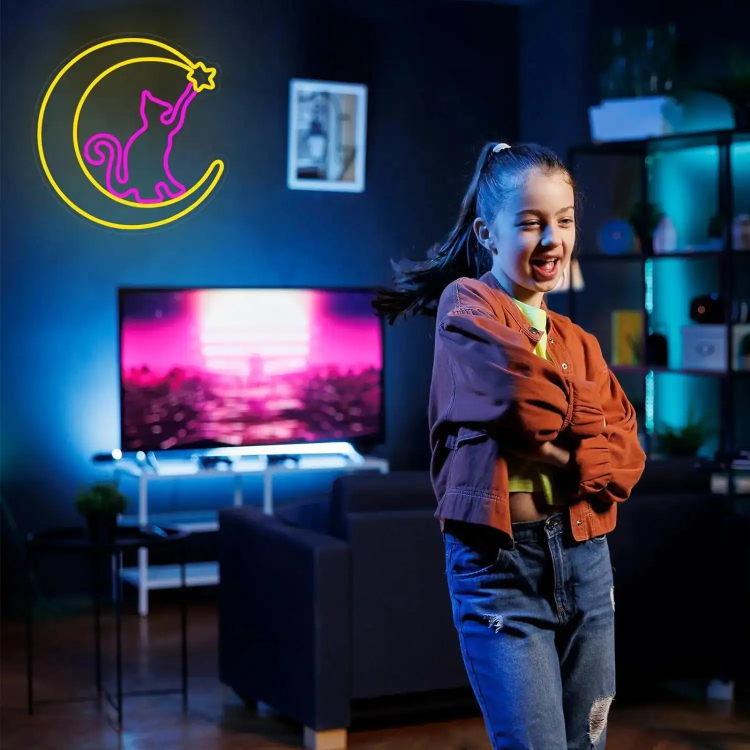 Stargazer chat lune néons-pour chambres d'animaux Art tenture murale chambre salon Bar décoration murale LED lumières décoratives