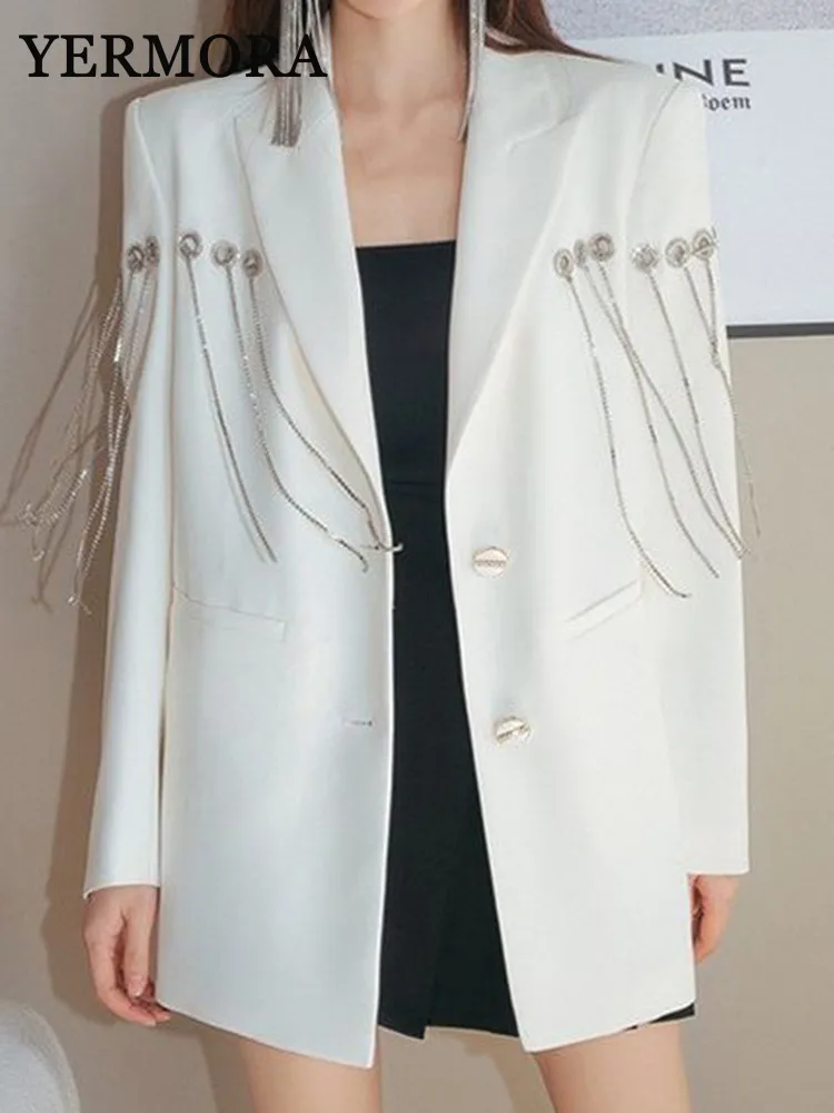 

YERMORA rhinestone tassel elegant blazer for women lapel long sleeve loose fit jacket fashion tide spring autumn 2024 new A70