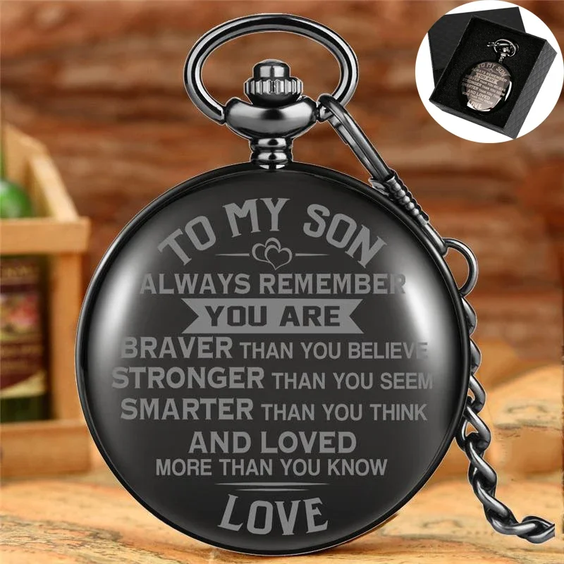 Antique Style To My Son Pocket Watch Braver Stronger Smarter Pattern Kid Boy Quartz Analog Timepiece Fob Pendant Chain Gift