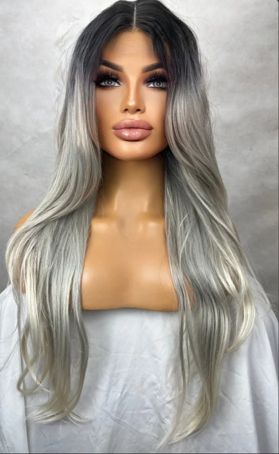 Ombre Ash Platinum Synthetic Lace Front Wig With Dark Root Soft Hairline Highlight Glueless Women's Cheap Wig Daily Party Used