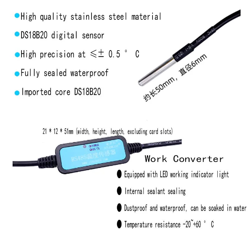 DS18B20 to RS485 temperature sensor for water temperature measurement, industrial grade IP68 fully waterproof RSDS19Y
