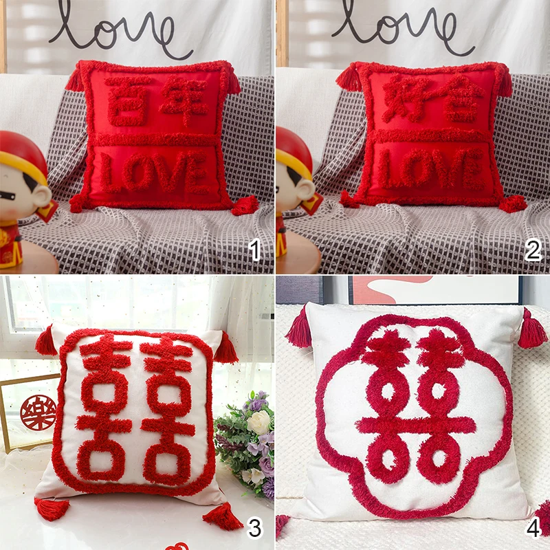 

Chinese Wedding Pillowcase Happy Lucky Embroidered Tufted Chinese Red Wedding Room Sofa Decor Cushion Cover Stuffed Cushion