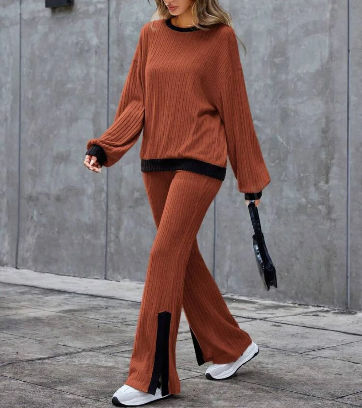 

2025 Autumn/Winter European and American Casual Loose Loungewear High-Waisted Elegant Slit Set Solid Color Comfortable Loose Fit