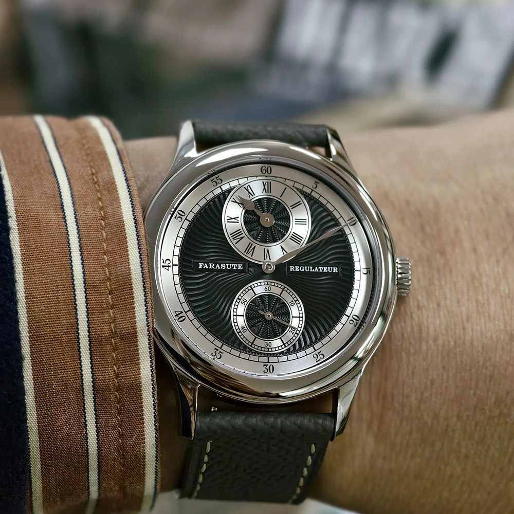 FARASUTE マニュアル機械式メンズ腕時計カモメムーブメント Sappnt サファイアクリスタルビジネス防水レギュレーター男性腕時計リロイ