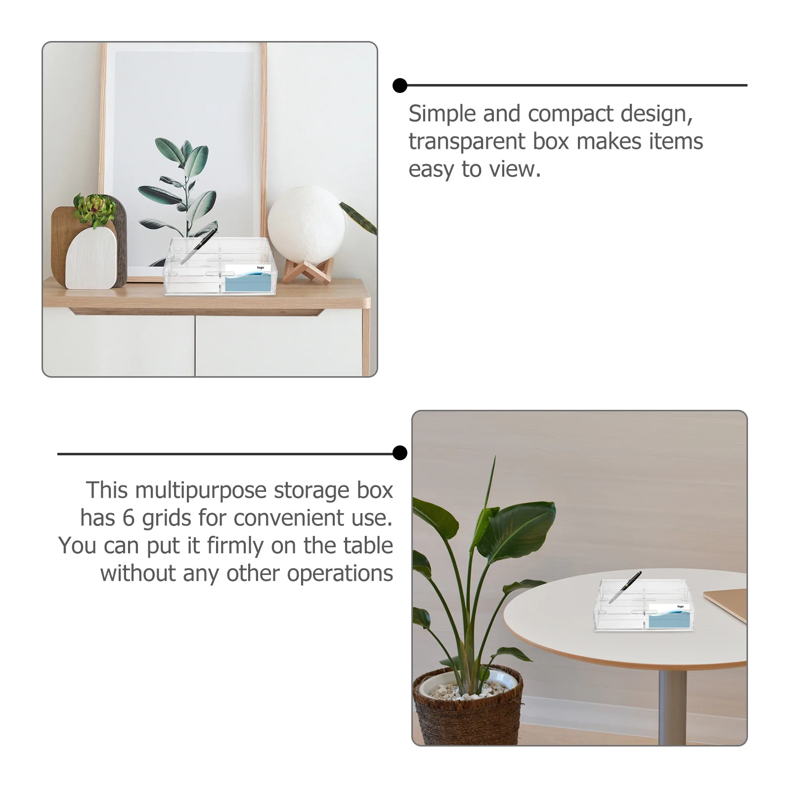 

1Pcs Clear Acrylic Storage Box with 6 Dividers Simple Compact Design for Office Desk Home Use Holds Pens Pencils Snacks Tea Bags