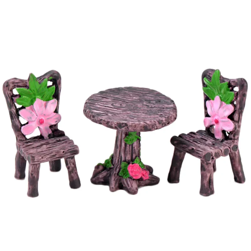 3PCS/Set Mini Resin Wooden Plastic Chair Table Fairy Terrarium Moss Decor Figurines Garden Miniature Micro Landscape Decoration