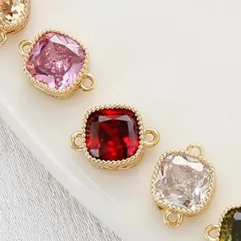 Liontin Ganda Persegi Berlapis Emas 14K dengan Zirkon Berwarna untuk Aksesori Pembuatan Perhiasan Gelang Kalung DIY