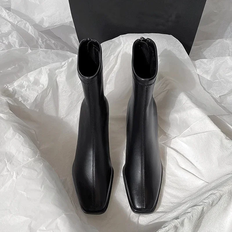 Vintage Ciepłe bawełniane damskie botki Moda Eleganckie buty z kwadratowymi noskami Jesień Zima Gruby obcas Krótkie botki damskie