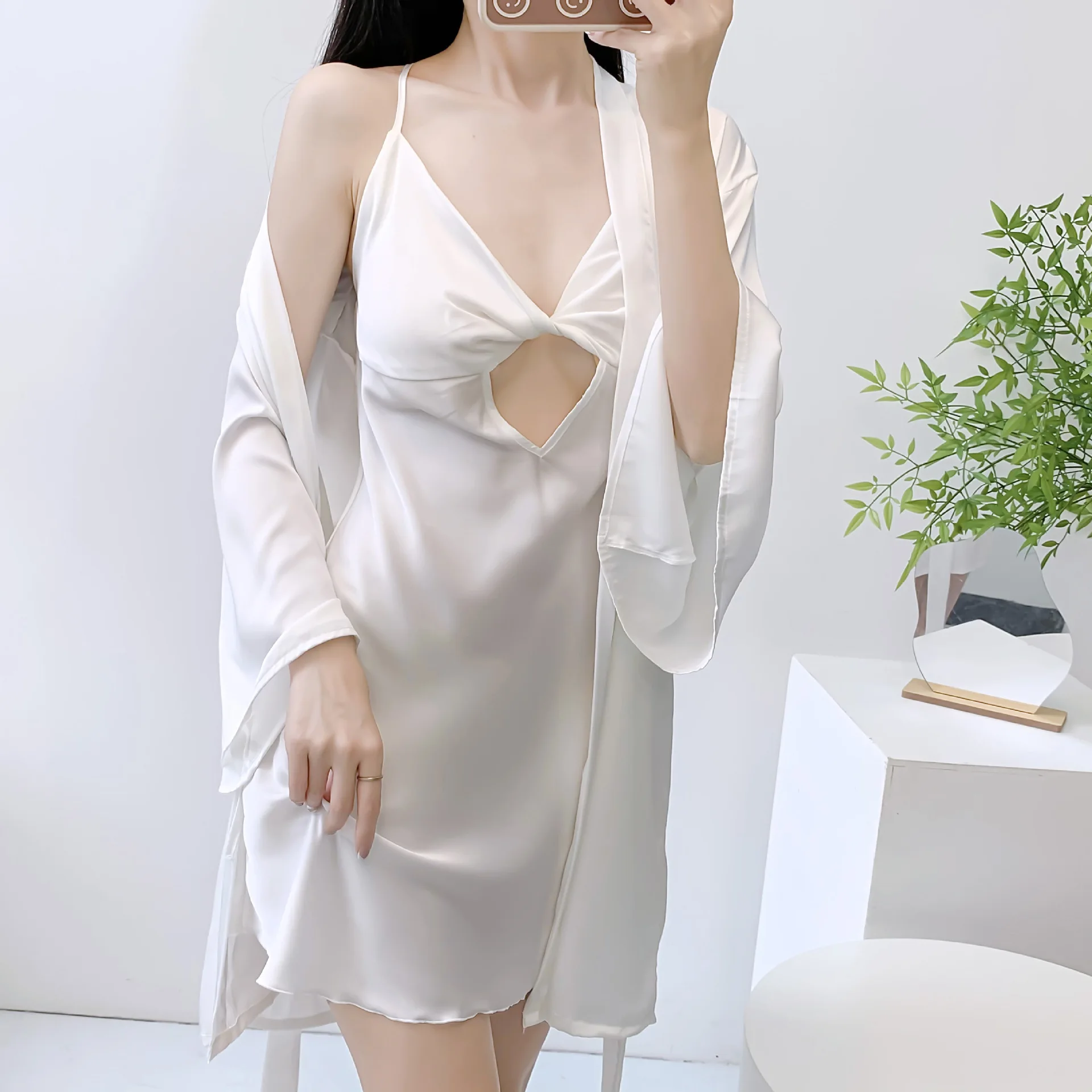 Summer Sexy Solid Color Satin Robe Hollow Out Nightgown Two-Piece Set Women Bathrobe Gown Suit Sleepwear Home Wear Loungewear