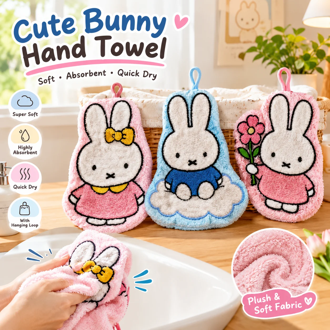 Miffy Rabbit Hand Towel Thickened Bathroom Cartoon Handkerchief Home Decoration Cute Gift Souvenir for Kids Adults Absorbent