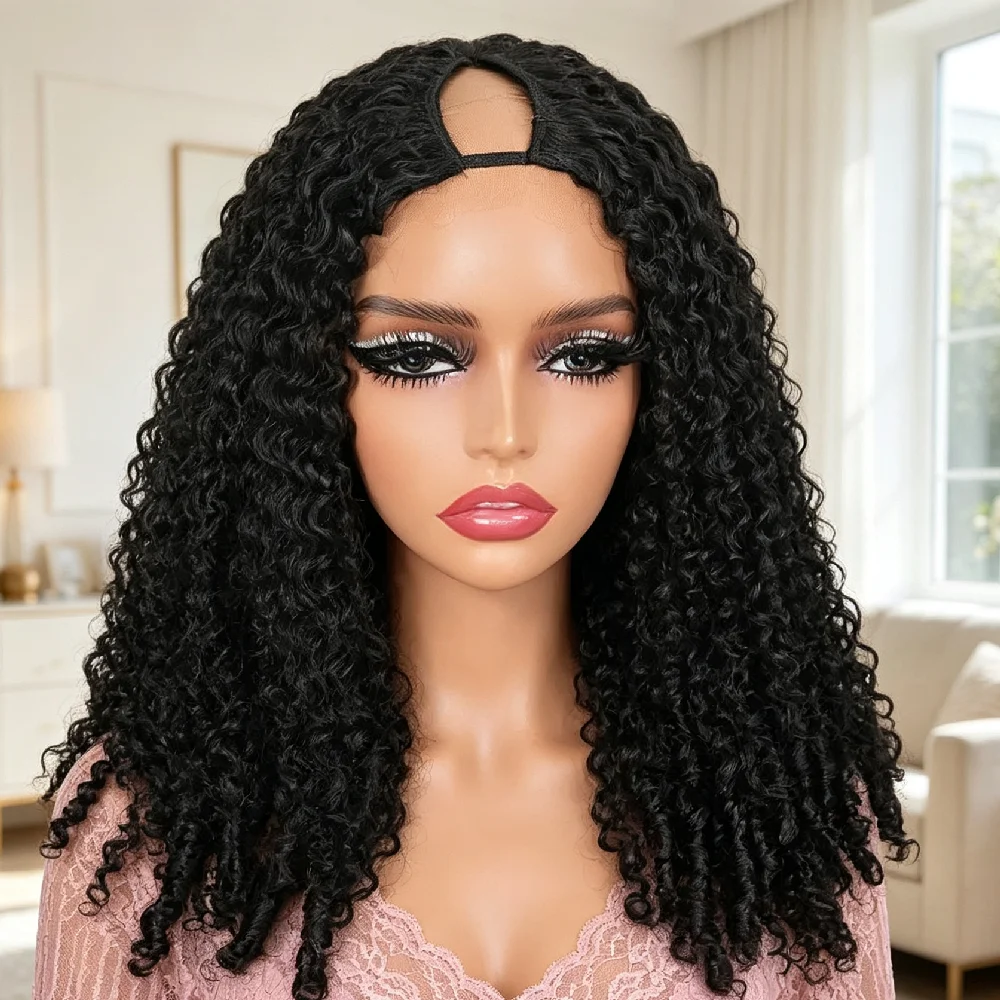 250% Density Burmese Curly V Part 32 Inch Human Hair Wig Upgrade U Part Wig with Drawstring Clip In Wig Colored Natural