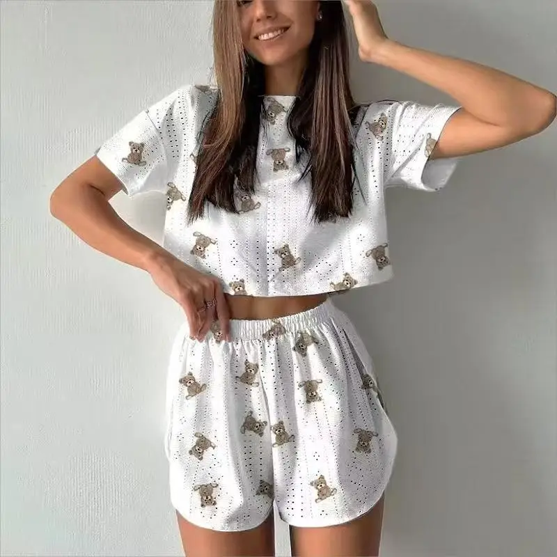 Women's Pajamas Set Sleepwear 2 PCS Short Tank Tops And Shorts S M L White Ventilate Soft Casual Love Printing