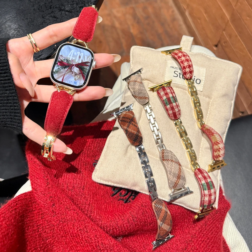 

Шерстяной кожаный металлический ремешок для iWatch Ultra 11 10 9 8 7 42 мм 45 46 мм 49 мм Женский ремешок для Apple Watch 38 40 41 мм 6 5 SE 4