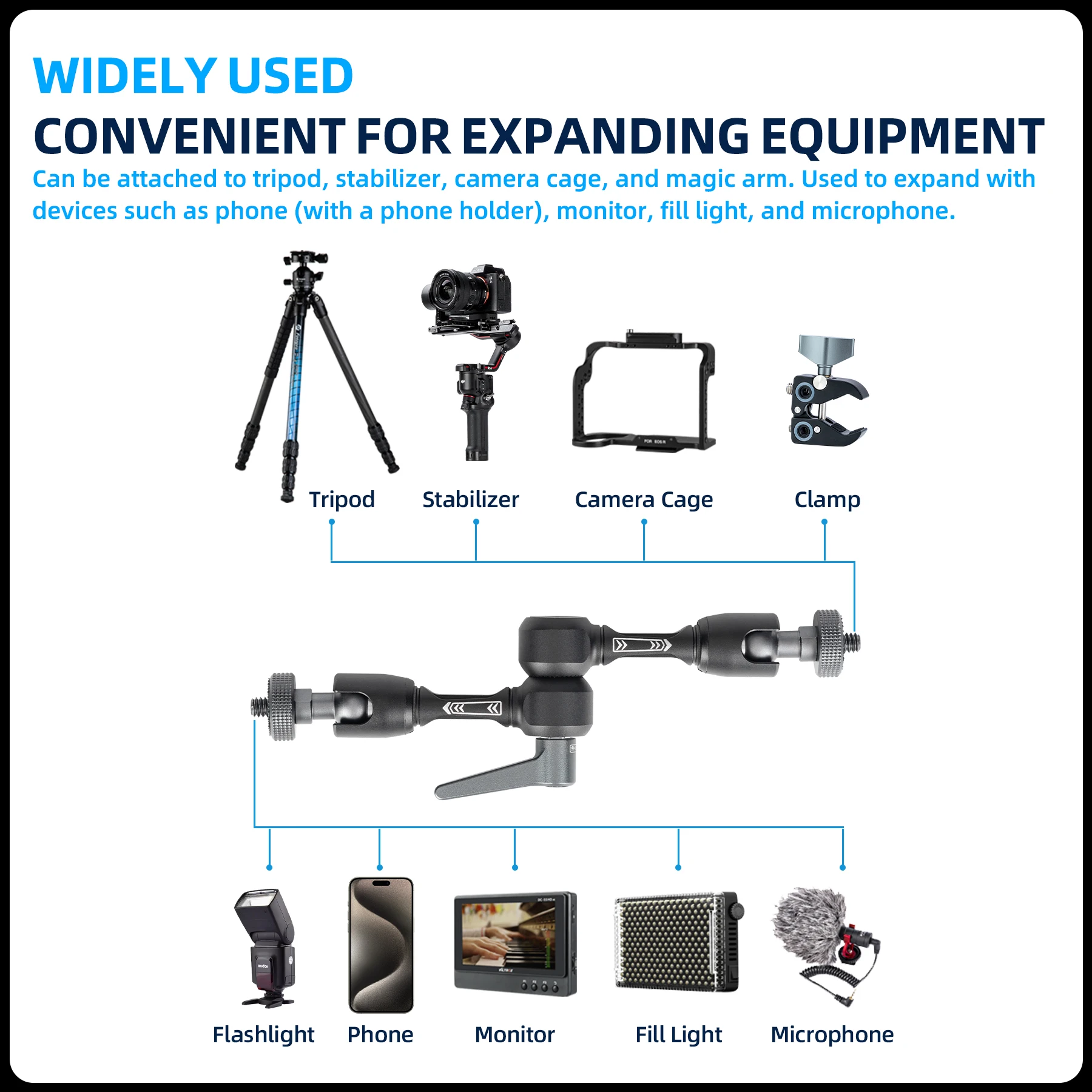 Fotopro Universal Magic Arm 1/4 Inch Screw Adjustable Articulating Magic Arm for Tripod LED Light Monitor