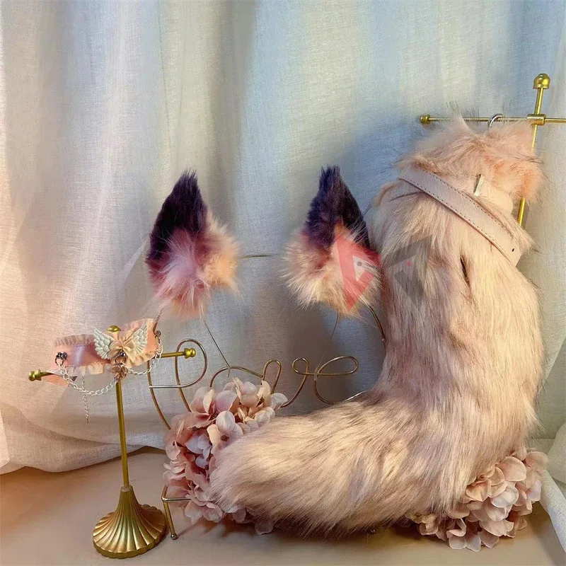 

Новый ручной работы с розовыми лисьими ушками, обруч для волос, ожерелье с хвостом, повязка на голову, косплей, карнавал, готический костюм Лолиты, аксессуары, головные уборы