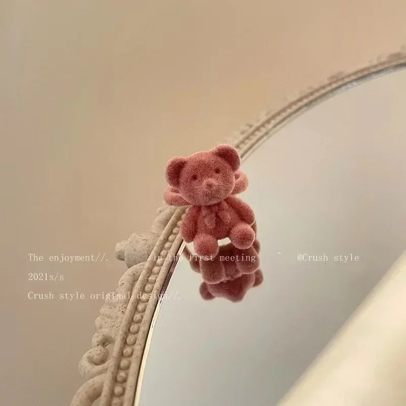 Cute Creative Gifts Plush Teddy Bear Opening Ring for Women Autumn Winter Sweet Cartoon Index Niche Design Adjustable Rings