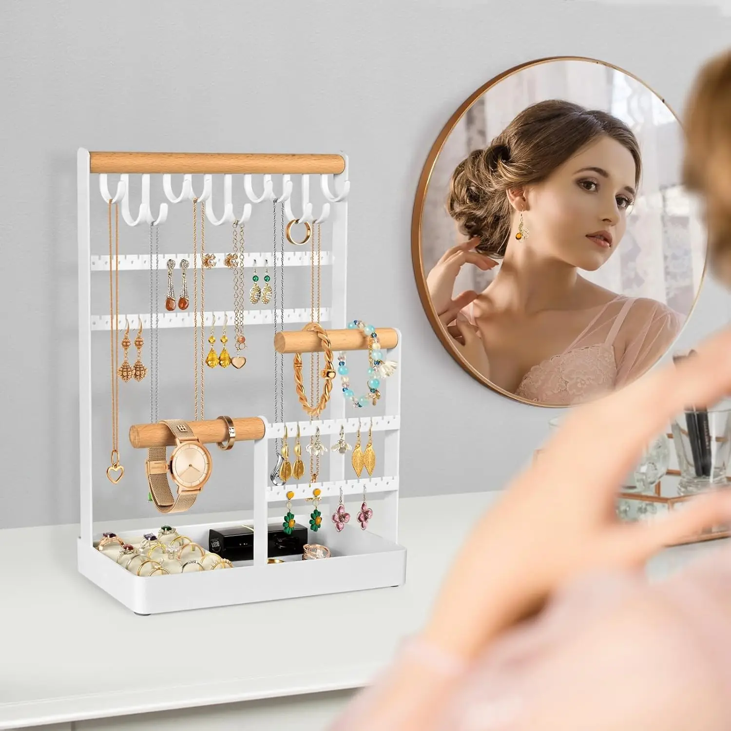 Jewelry Organizer Necklace Holder, 6-Tier Earring Display Rack with 12 Hooks for Bracelets, Rings, Watches