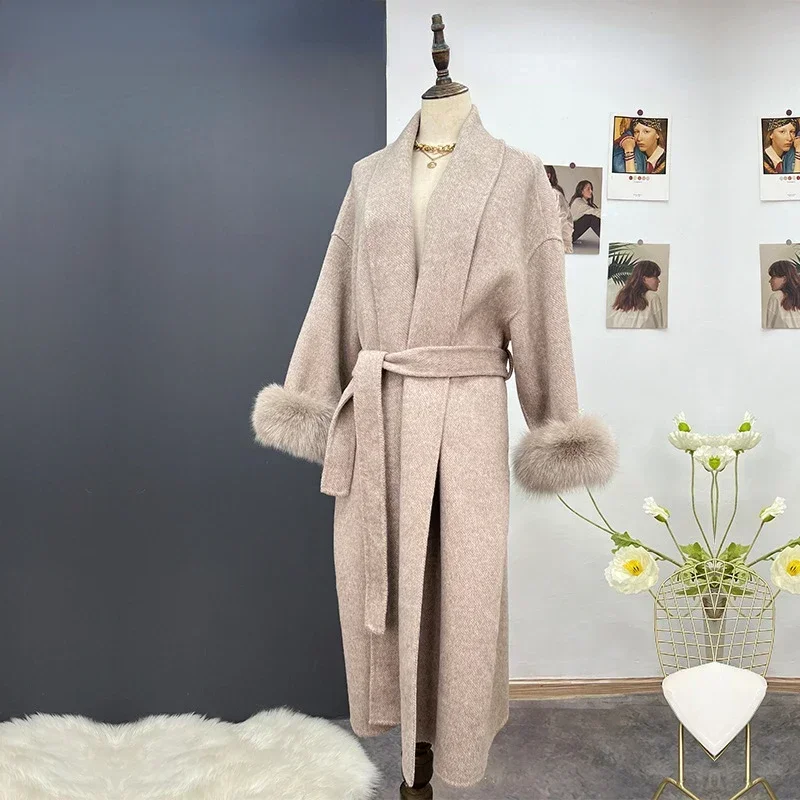 FURYOURSELF 2023 Long Winter Women Jacket Wool Blends Cashmere Coat Cuffs Removable Fox Fur Turn-down Collar Warm Luxury New