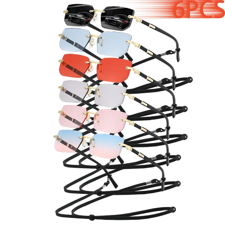 

6 шт. модные прямоугольные солнцезащитные очки без оправы с цепочкой, градиентные линзы, металлическая оправа, очки для женщин и мужчин, цветные линзы в деловом стиле