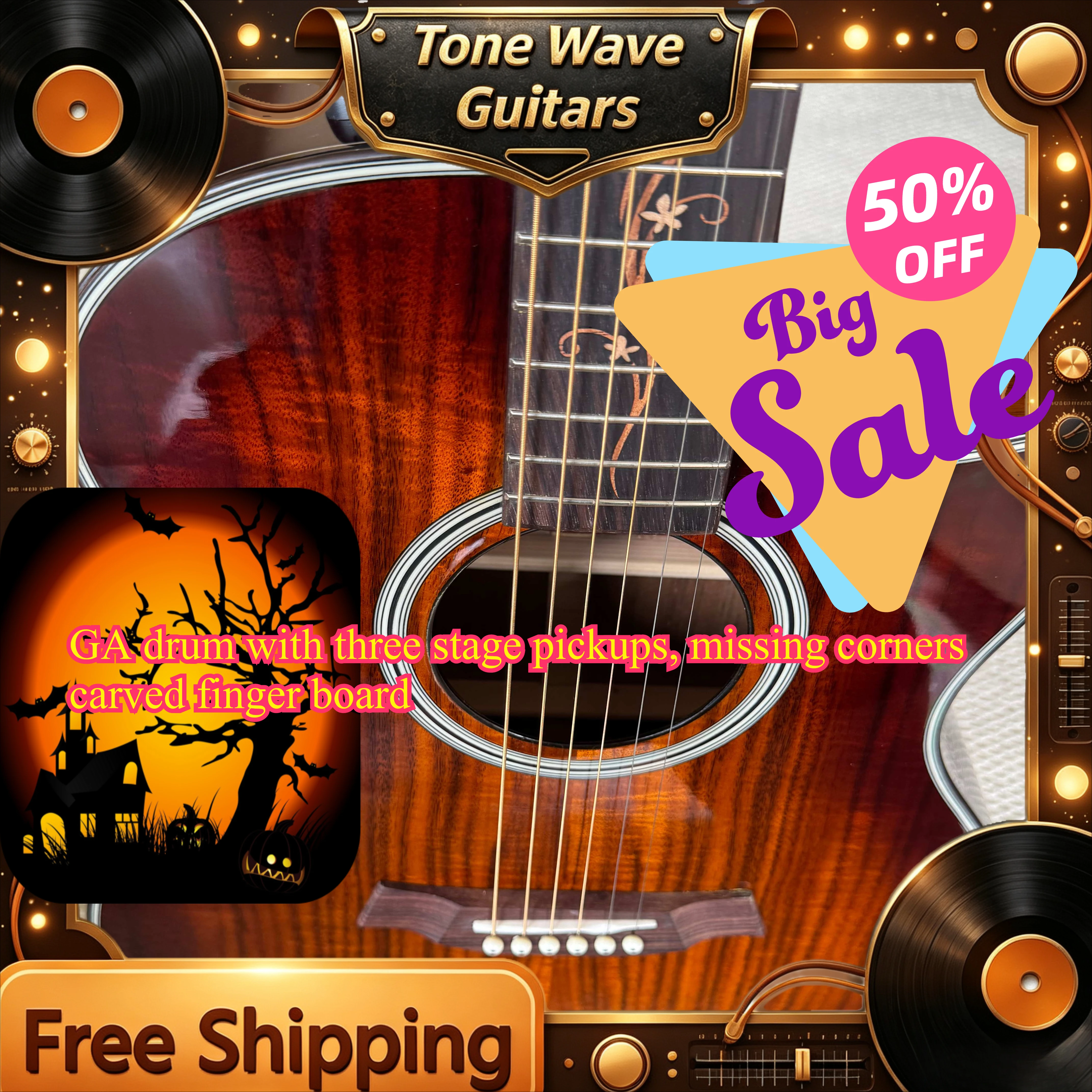 Acoustic Guitar with Three-stage Microphone Tiger Pattern Gradient GA Bucket Missing Corner Carving K-024 VS Acacia Wood Body