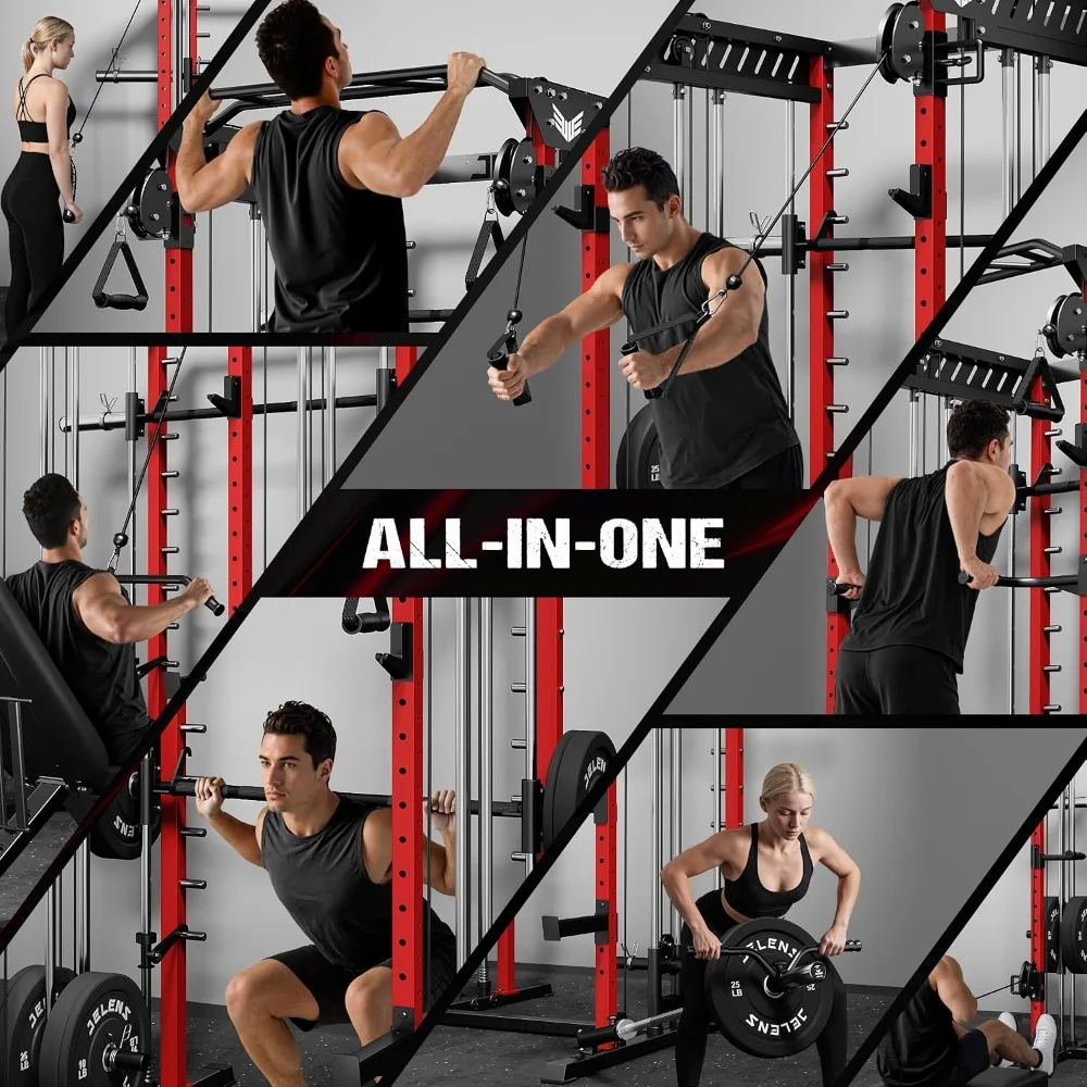 Smith Machine, Multi-Function Power Cage with Dual Pulley Cable Crossover System, 2000LBS All-in-One Squat Rack with