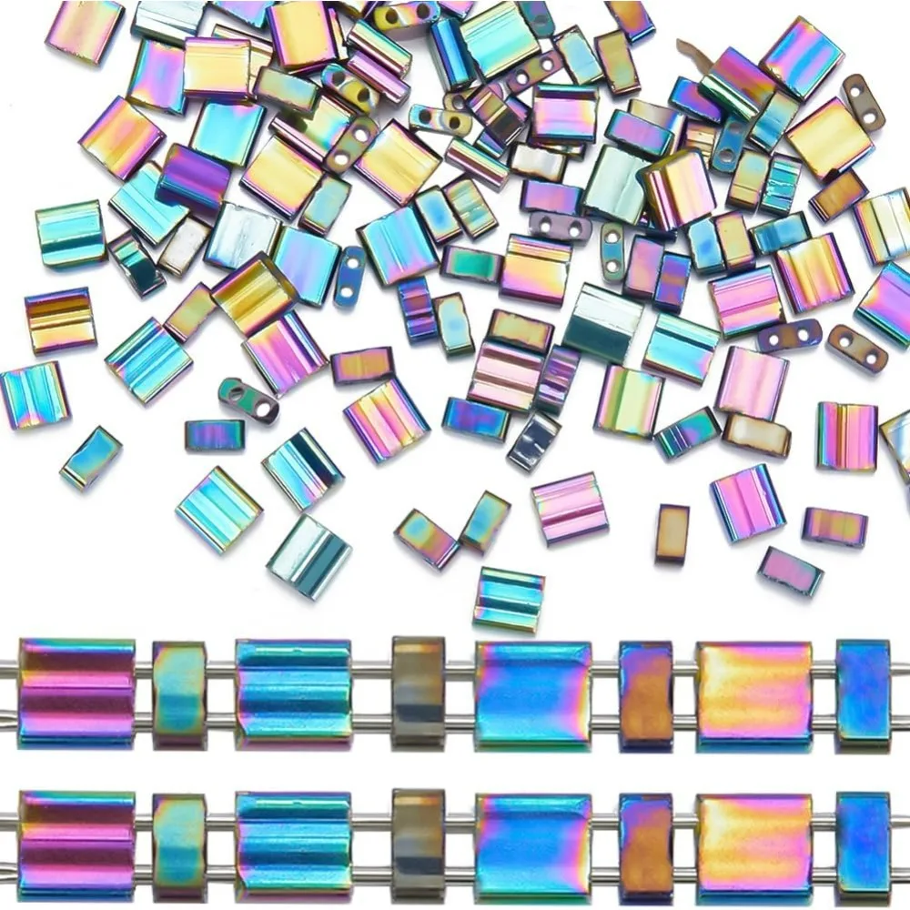 210Pcs 2 Hole Beads Mix Glass Seed Beads Rectangle 1/2 Half Bead Mini Electroplate with Container Rainbow Plated Bulk for Craft