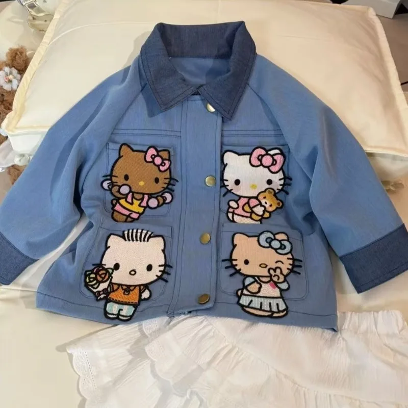 Sanrio Hello Kitty 2025 New Loose Jacket Top Foreign Style Girl Spring and Autumn Contrasting Color Denim Blue Coat Holiday Gift