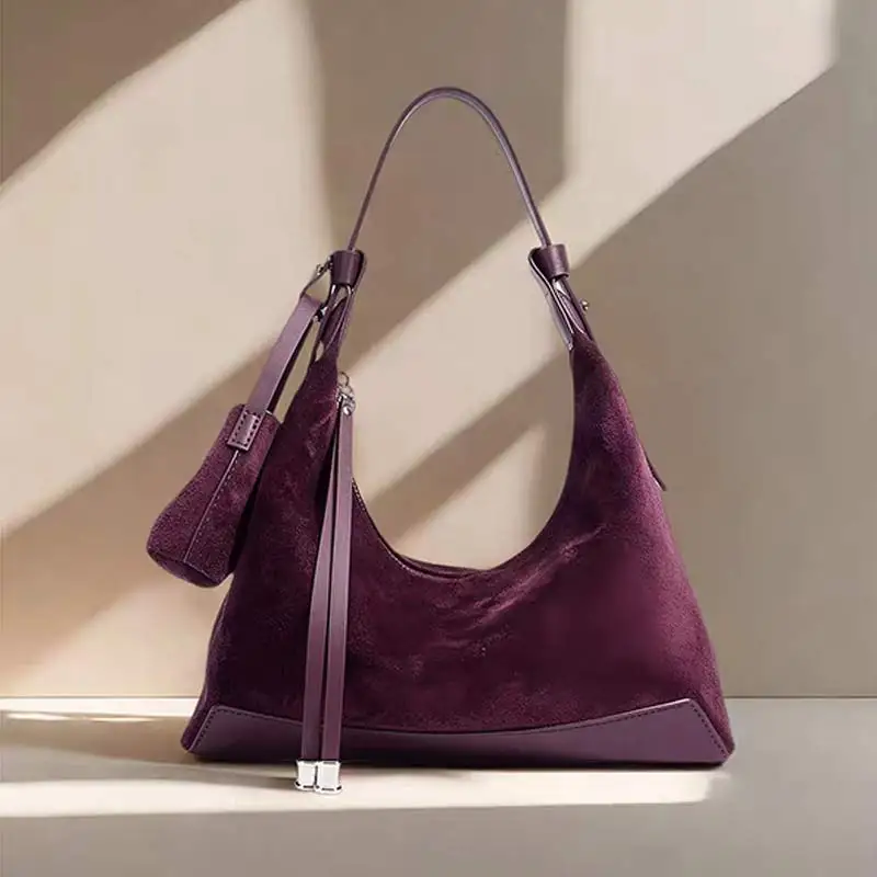 

Фиолетовая замшевая сумка для женщин, универсальная сумка на плечо, текстурированная сумка из натуральной кожи, сумка для подмышек, модная женская сумка для работы и путешествий