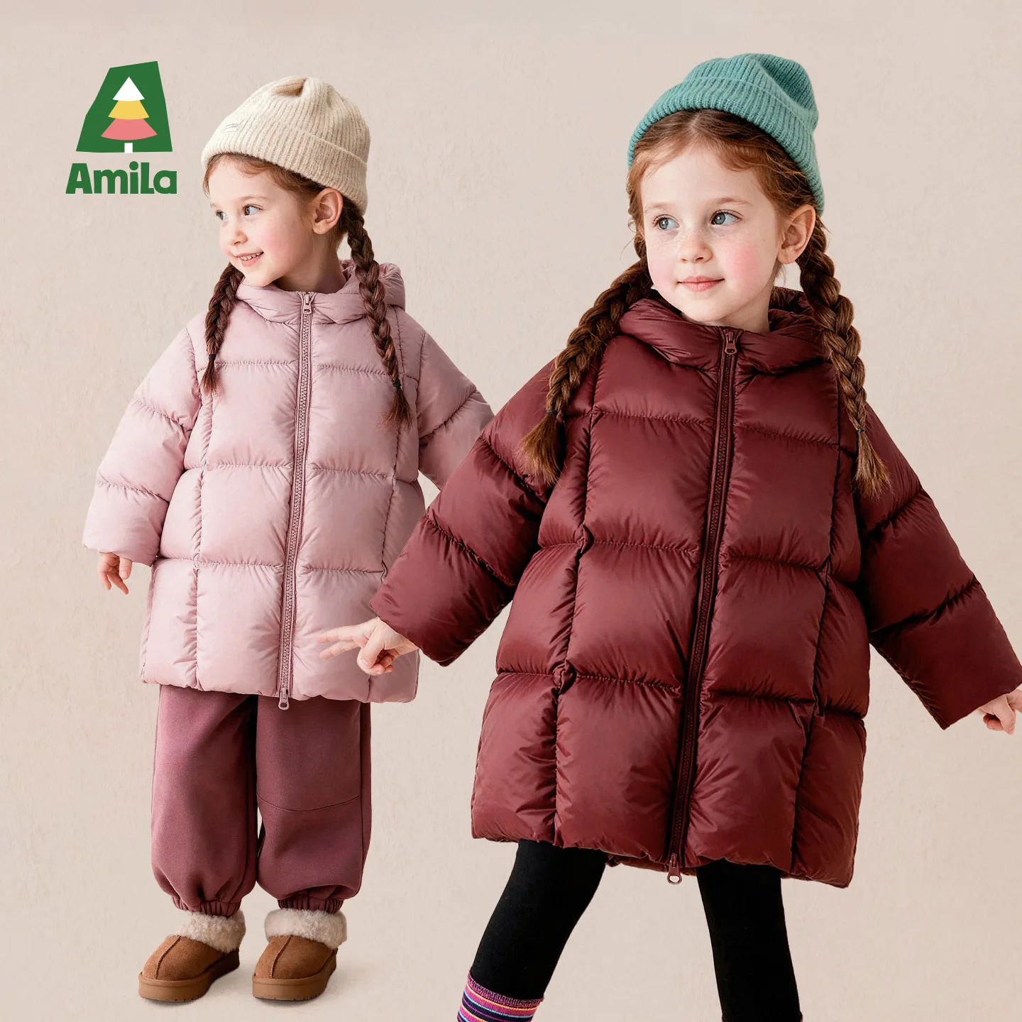Amila 2026 Winter New Kids Mid Length Down Jacket Hooded Quilted Thermal Lock Warm Extra Soft Cozy Daily Versatile Outerwear