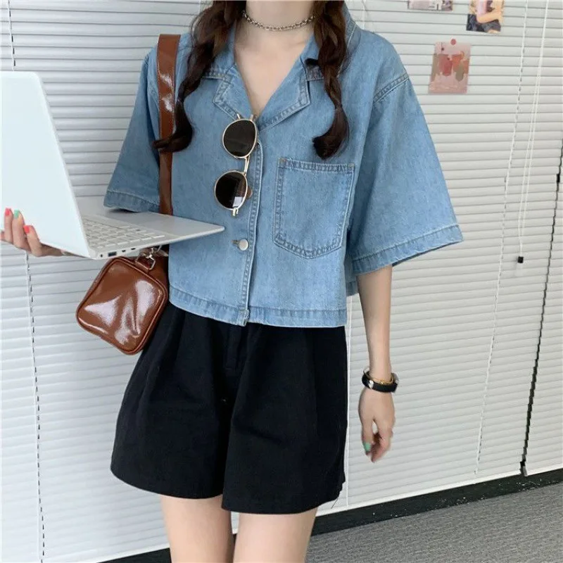 S-4XL Short Sleeve Denim Blouse Summer Women Notched Collar Loose Casual Short Shirt Versatile Female Solid Tops