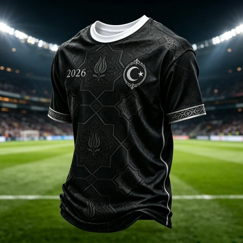 Men Turkey Football Jersey Black Fashion Short Sleeve Crescent‑Star Badge Soccer Shirt GYM Fan Sports  Jersey Family Kids Tees