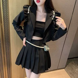 Summer Womens Short 2 Sets Suit with Skirt and Blazer Outfit 2024 Pleated Pleat Two Piece Set for Women Vintage Clothing Trend