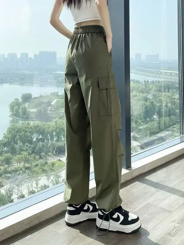 American Style Loose Casual Pants Women's Summer Thin Breathable Cuffed Pants Quick Dry Wide Leg Sport Pants Polyester Fiber